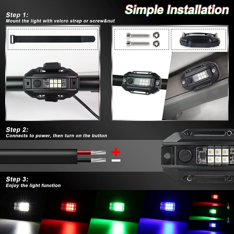POVTOR Universal RGB Strobe Roll Bar Mount Car LED Interior Light - UTV ATV Polaris RZR Can Am Truck - White/Red/Green/Blue - Image 4